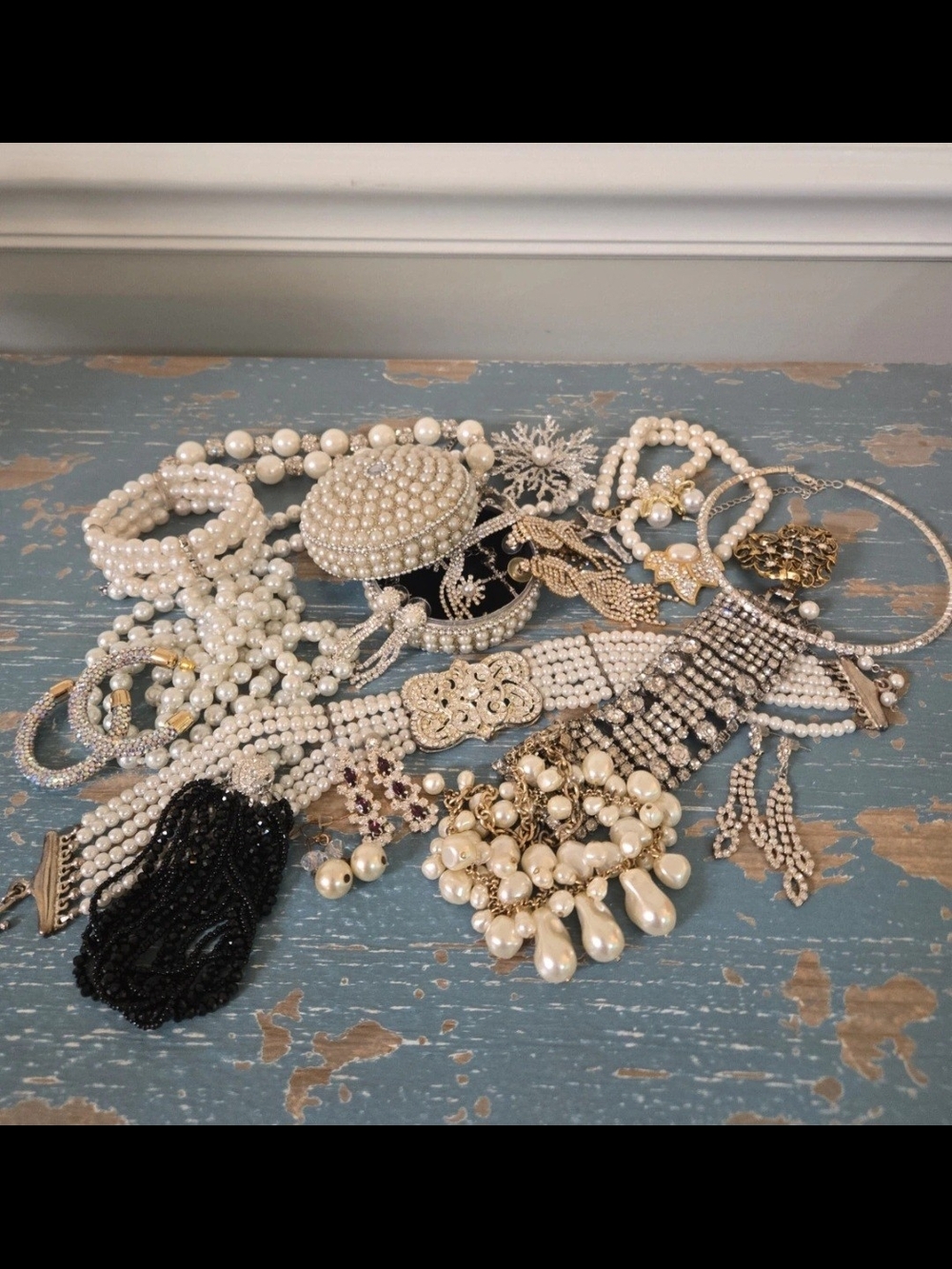 Pearls And Rhinestones Jewelry Lot With Pearl Trinket Box